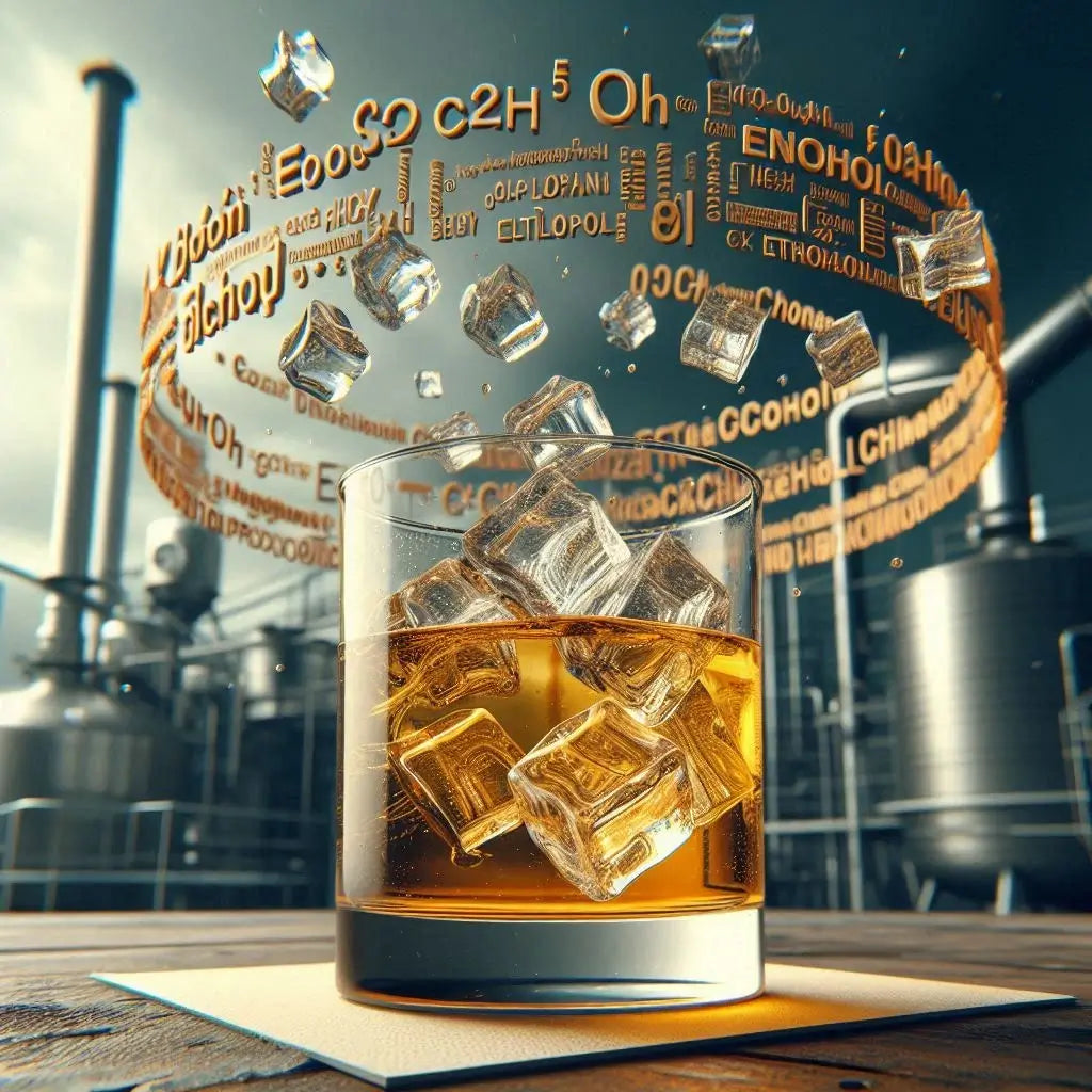 Golden rum with chemical formulae swirling and a distillery in the background - generated by Microsoft Designer